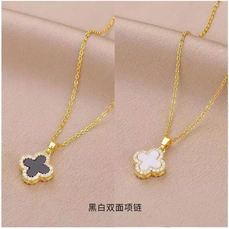 New Stainless Steel Necklaces Zircon Shell Four-leaf Clover Double