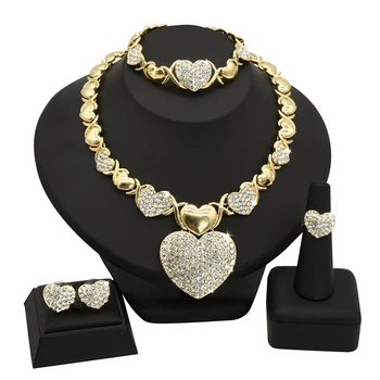 New Dubai Middle Eastern Bridal Necklace Ring Earring Bracelet Four Piece Set 18K Gold Heart Jewelry Set