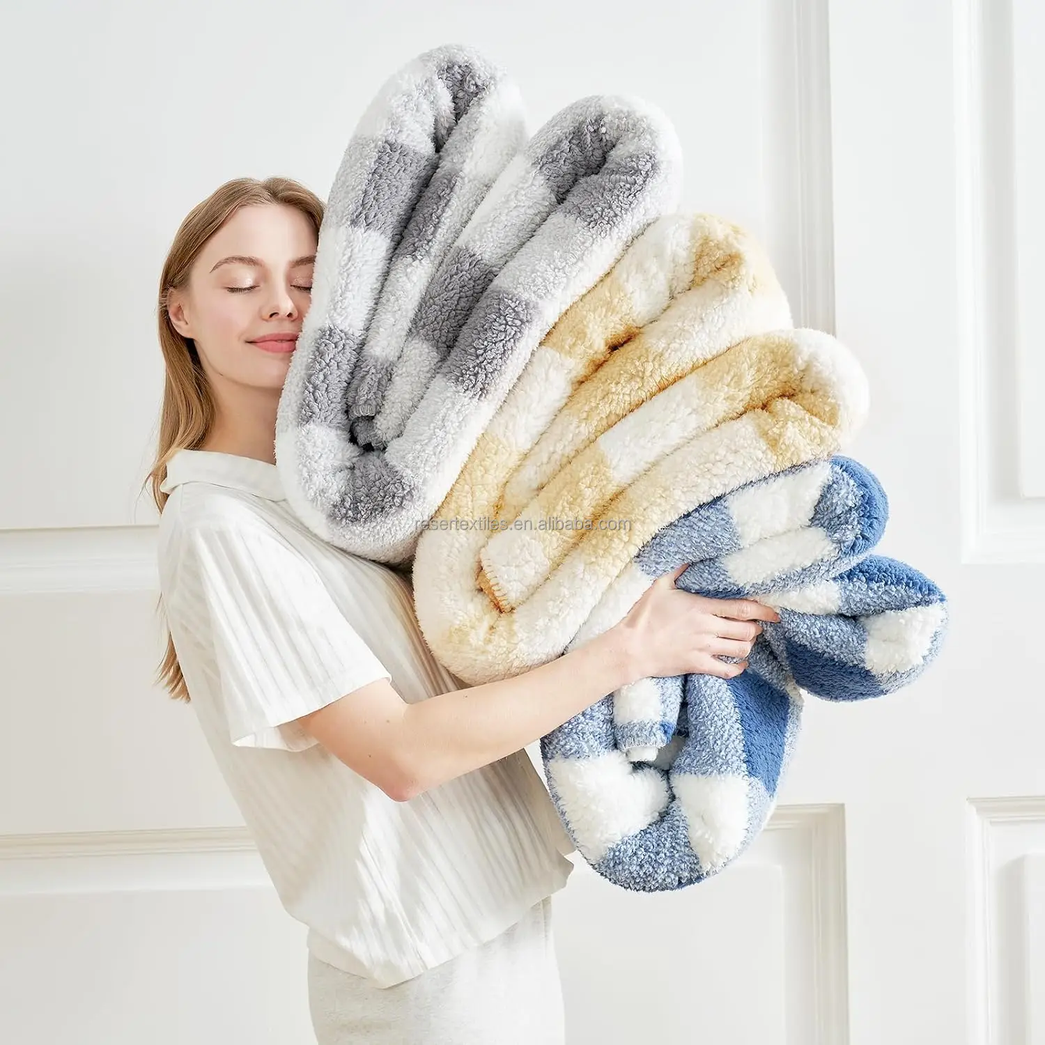 Ultra Soft Double-Sided Sherpa Blanket 100% Polyester Grey Buffalo Plaid Fluffy Thick Warm Plush Throw Winter Knitted Technique