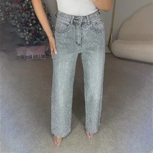 OUDINA Fashion Hotselling High Waist Diamond Straight Pants Casual Rhinestones Jean Women Trousers Denim Jeans
