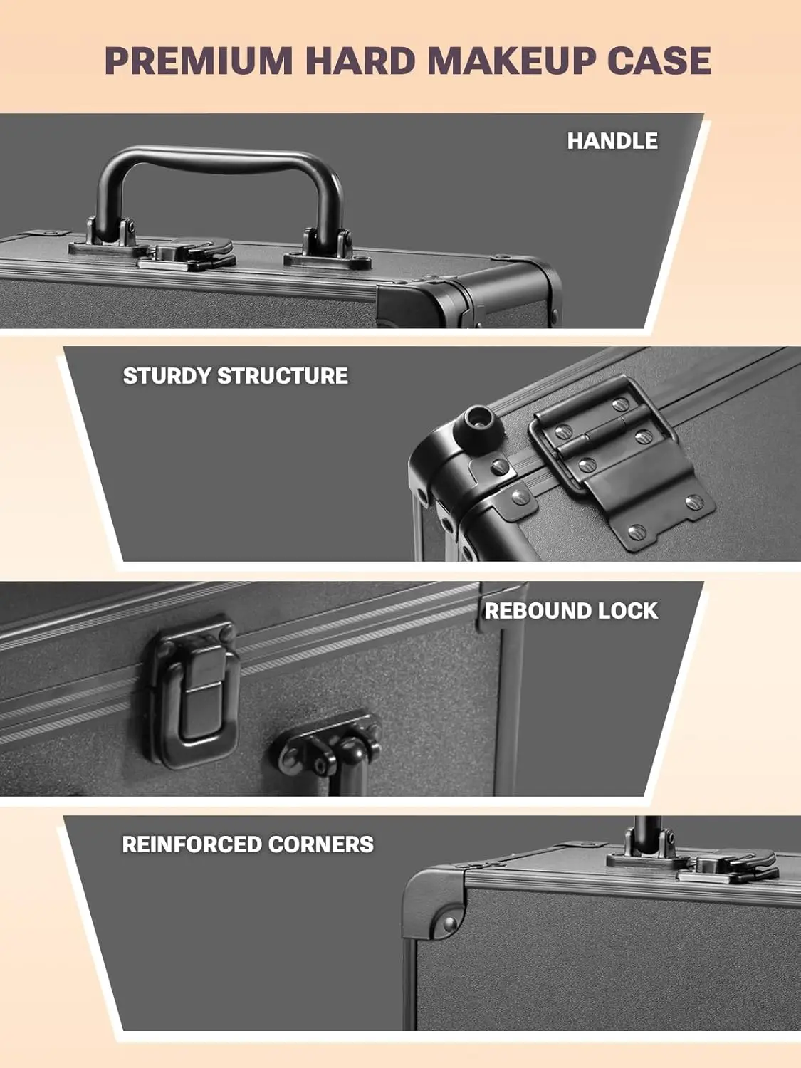 Fashionable Black Makeup Train Case with Large Capacity Adjustable Dividers and LED Mirror Cosmetic Organizer Travel Suitcase