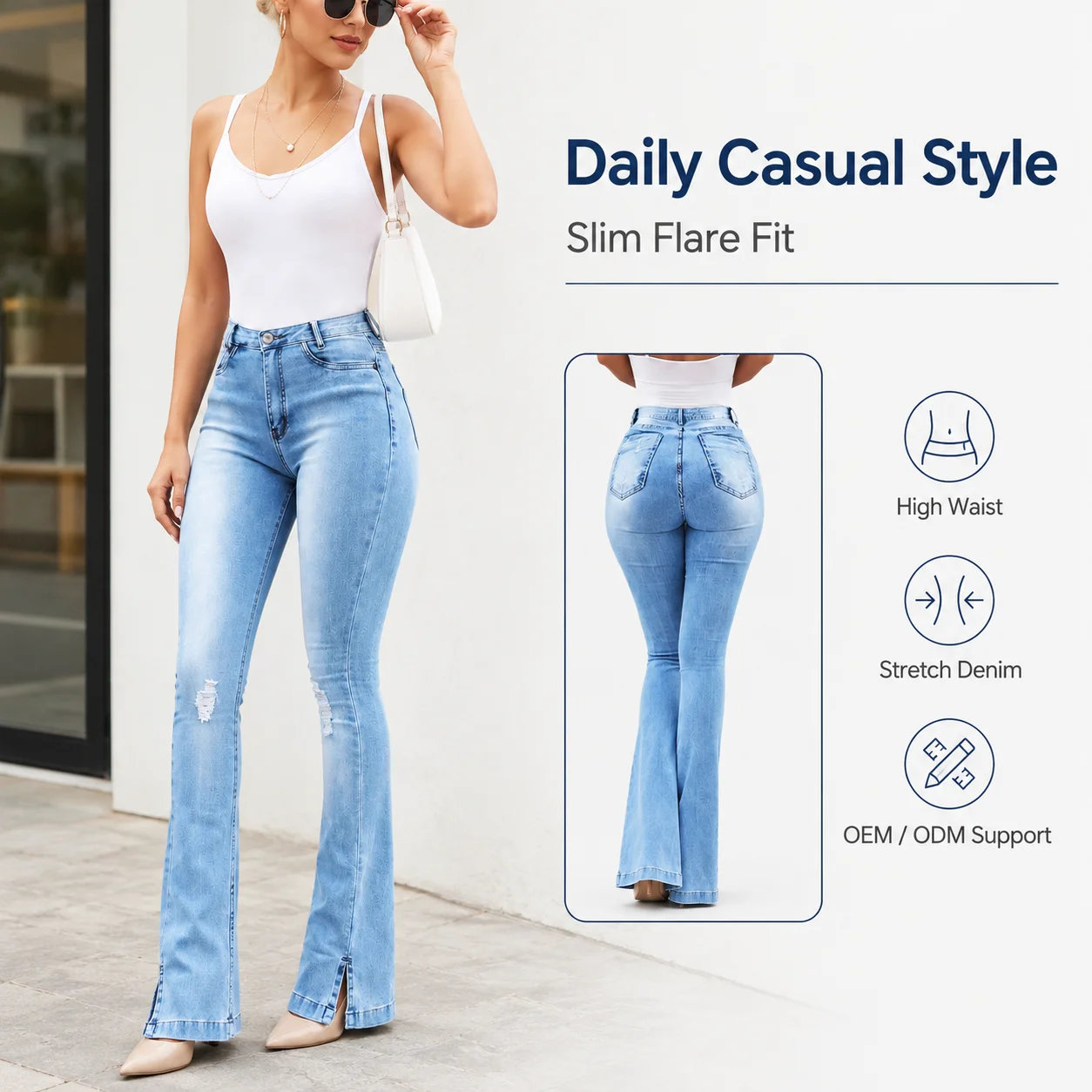 Ladies High Waist Wide Leg Raw Denim Trousers Pants Sexy Slim Skinny Fit Baggy Women's Jeans with Ripped Look