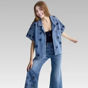 2026SF Women's Vantage Casual Denim Jacket Loose Quick-sand Blue Cotton Flower Embroidery Lapel Short-sleeved Button Decoration