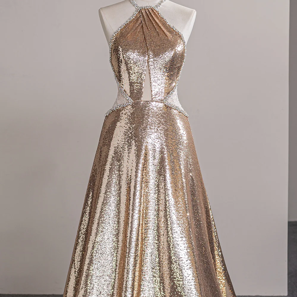 Shiny Puffy Sleeveless Sequined Court Train Prom Dresses Sparkly Gold  Sequin Evening Dresses Sfy100