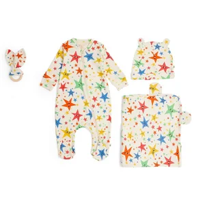 Newborn Shower Gift Set Private Label Custom Print Full Zipper Baby Romper Set