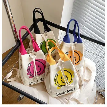 2024 New Cartoon Colored canvas drawstring tote bag wholesale mini smiley face school book bag for women ladies shopping