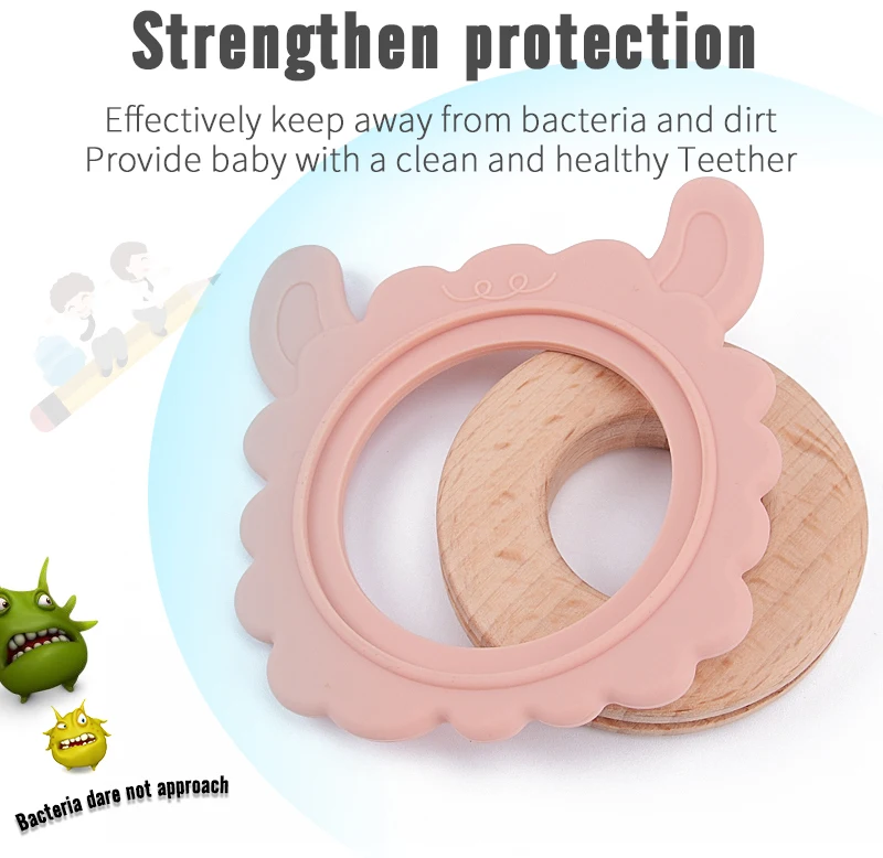 Kids Toys 2023 Silicone Wooden Sheep Rattle Teether Safe Baby Teething
