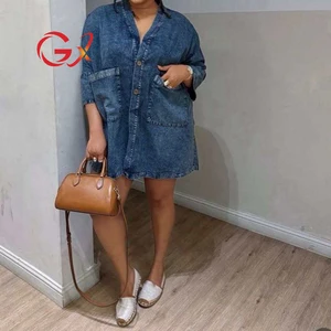 GX25383 Fashion Women's Clothing Boutique V Neck Short Sleeve Loose Jeans Mini Dress Elegant Pockets Denim Dresses