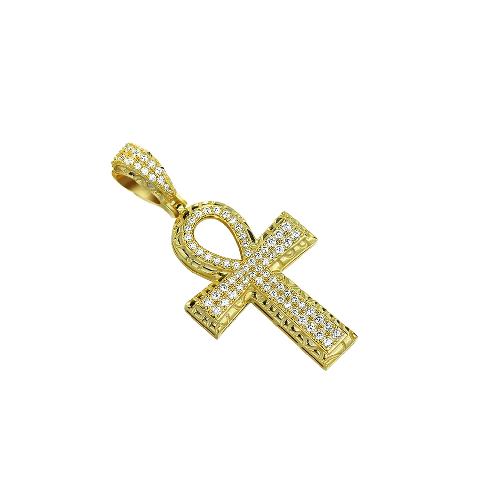 Iced Out Jewellery Hip Hop Ankh Gold Cross Pendant Cz Diamond Zircon Cross Pendant Necklace For mens