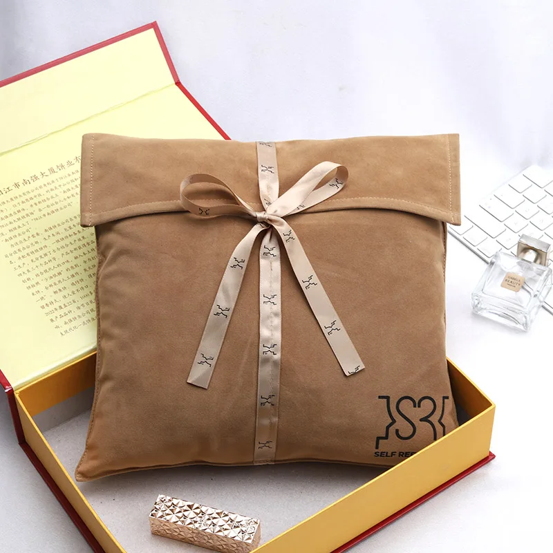 Custom Logo Printed Suede Velvet Envelope Pouch With Ribbon Thick Soft Suede Envelope Bag
