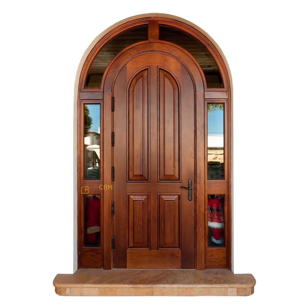 CBMmart Medieval Square Frame Double Arched Wooden Door Front Pivot Iron Window Frame Entrance Solid Wood Doors