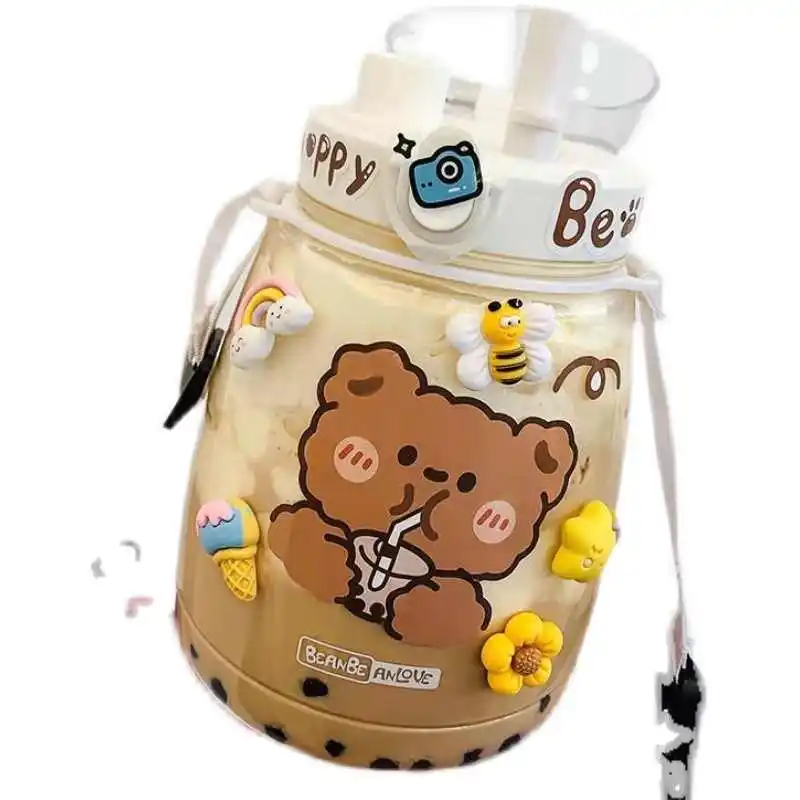 Cute Bear Water Bottle For Girls Kids Kawaii Plastic School Juice Milk Tea  Shaker Drinking Bottle Water Cup With Strap BPA Free