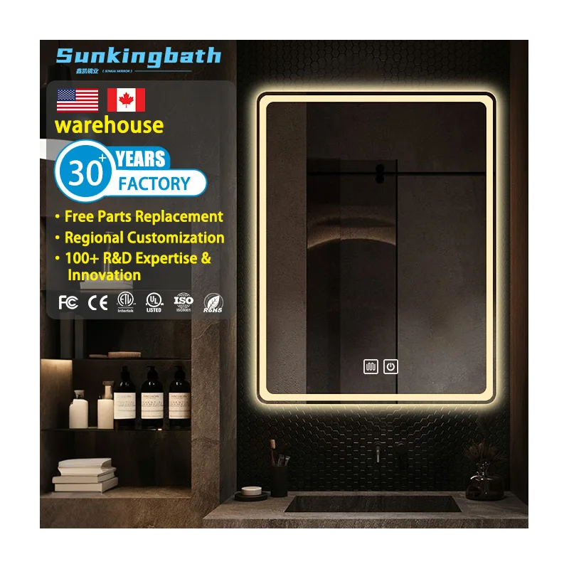 Intelligent Sandblast Touch Screen Makeup Mirror Smart Battery Operated Led Bathroom Mirror with Led Light for Bathroom Hotel