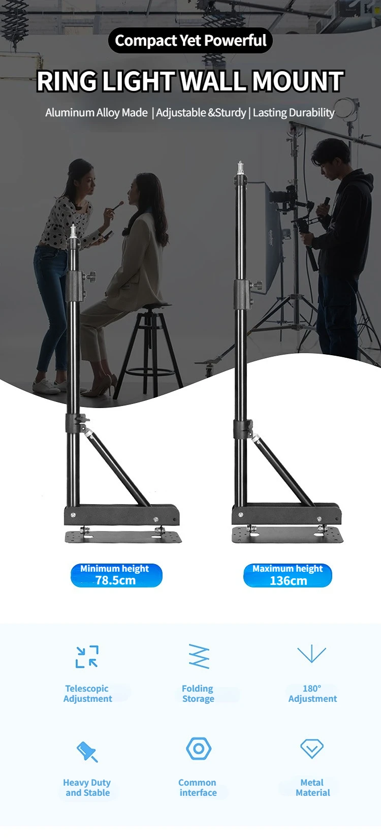 Soporte de luz de anillo de pared giratorio Vertical de belleza de  barbería, soporte de luces de vídeo de estudio fotográfico de 180cm,  trípode de