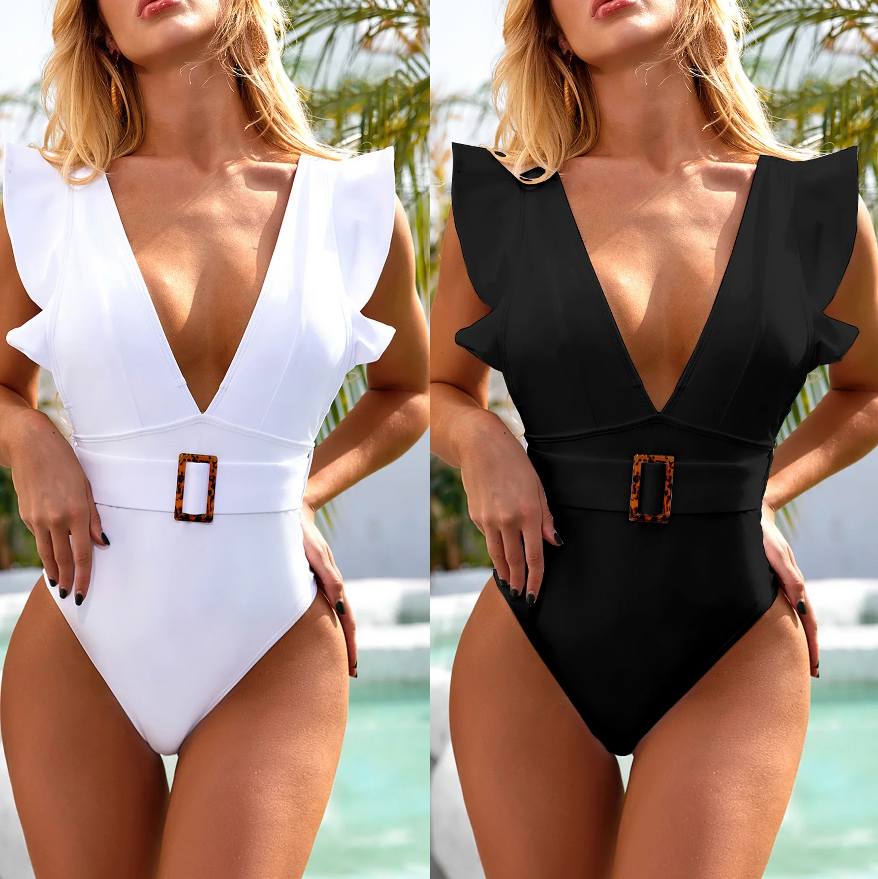 SHOPESSA Plunge One Piece Swimsuits for Women High Cut V Neck Monokini Ruffle Cap Sleeve High Cut Buckle Beachwear 