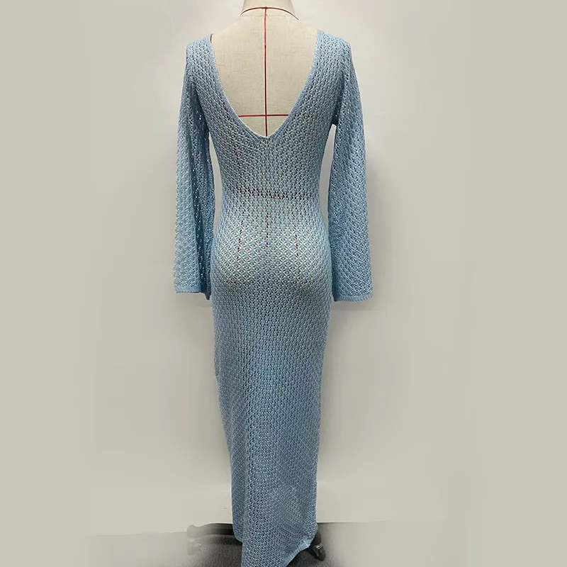 Yiqpiy Women Long Knit Dress Solid Color Hollow-Out Deep V-Neck Long Sleeve Bodycon Dress Fall Backless Holiday Dress (A-Apricot, S