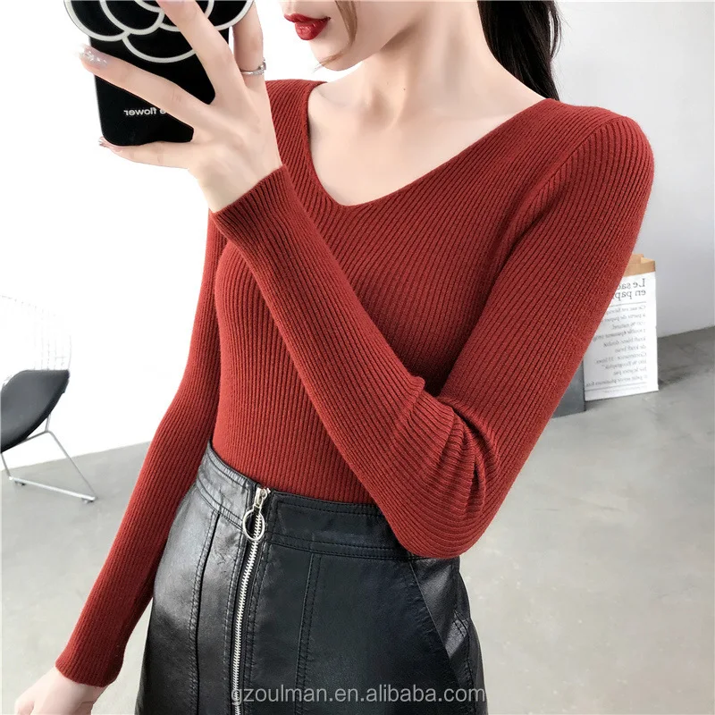 Women female Spring wholesale new v collar long sleeve  knit sweater top autumn winter solid color slim body tight thin sweater