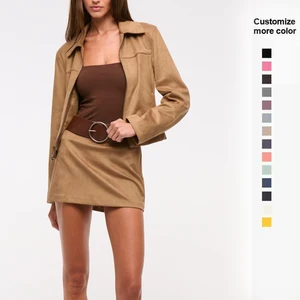 2026 Vintage Autumn Women's Casual Short Jacket Simple Long-Sleeved with Zipper Slim Zip Vegan Suede Jacket