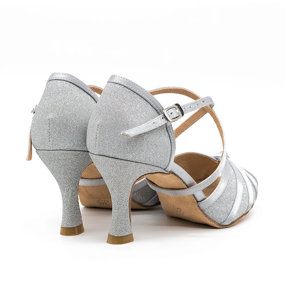 Серебристые Сатиновые блестящие женские сандалии для бальных танцев с открытым носком для латинских танцев сальса
