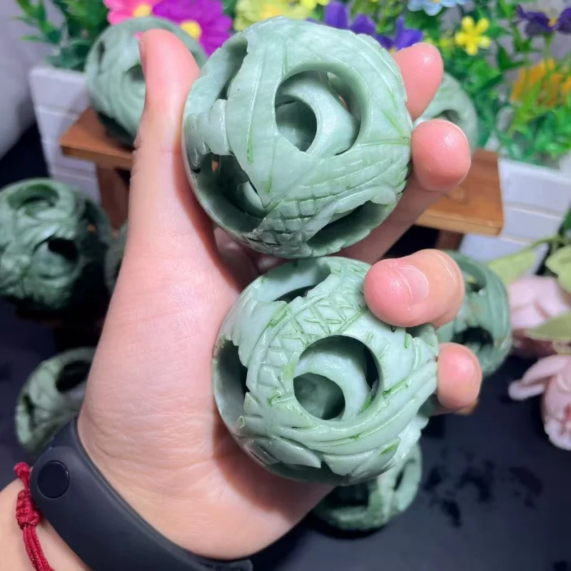 石製 球形置物 緑色 ストライプ模様 Wholesale Natural Stone Carved Balls Hollow-carved Mixed Green