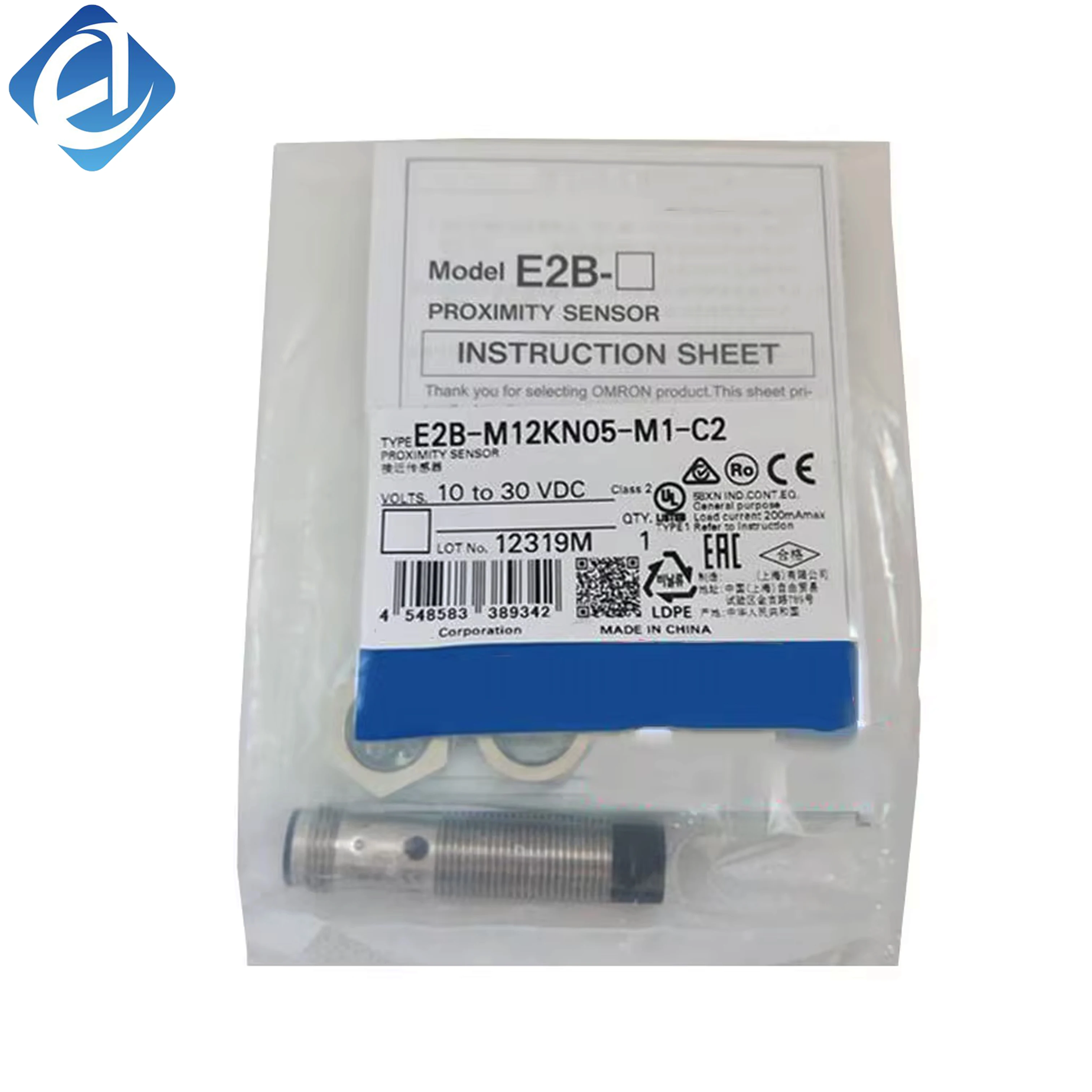 নতুন মূল E2B-M12KN05-M1-C2, E2B সিরিজের ইন্ডাক্টিভ প্রক্সিমিটি সেন্সর, শিল্প স্বয়ংক্রিয়করণে ধাতব বস্তু সনাক্তকরণের জন্য। M12 অ-শিল্ডেড, ৫ মিমি সেন্সিং, NPN NC, ১০-৩০VDC, ৮০০Hz, IP67, M12 কানেক্টর, -২৫°C থেকে ৭০°C।