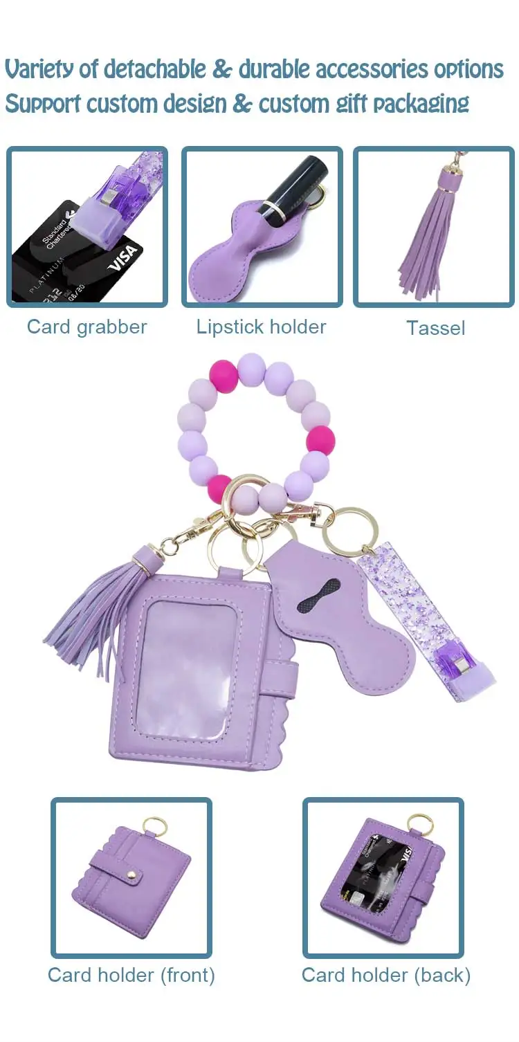 Custom Metal Rubber Key Rings Wristlet Keychain Set Silicone Beaded