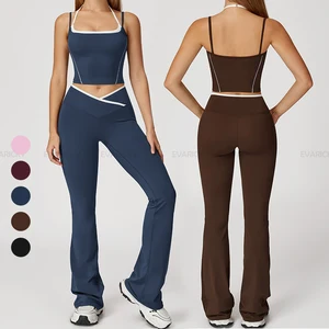 Wholesale Breathable Women Running Color Blocking Sports Vest Butt Lift Flared Leggings Two Piece Fitness Workout Set for Women