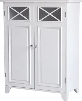 Wooden Freestanding Floor Cabinet with 1 Adjustable Shelves 3 Storage Spaces 2 Glass Paneled Doors and 2 Clear Knobs, White