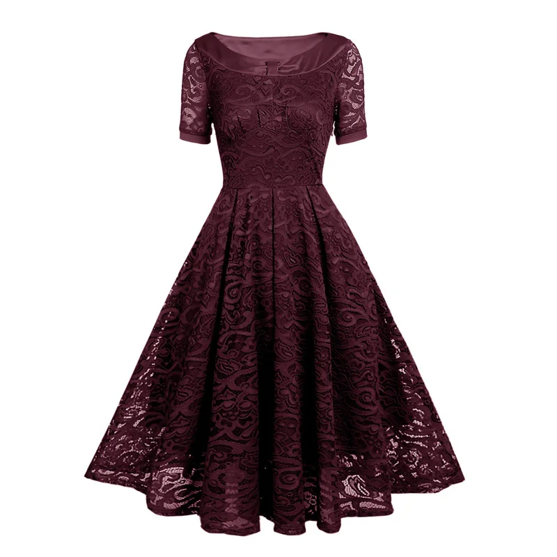 Short Sleeve Elegant Lace Dress Navy Blue Burgundy Autumn Evening Formal  Party Dresses