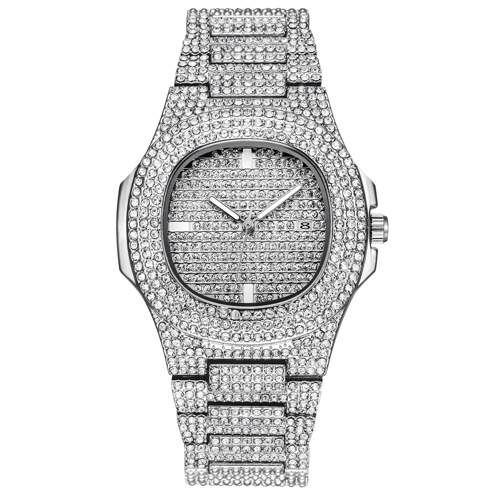 43MM Gold Silver Custom Logo Iced Out Quartz Watch