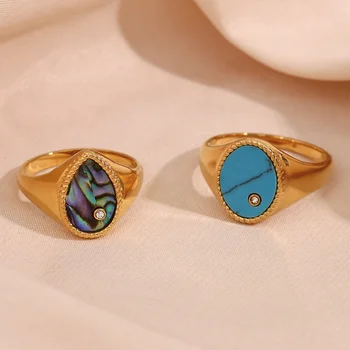 Fashion Jewelry Water Drop Shape Abalone Shell Jewelry Round Turquoise Signet Rings Women Jewelry