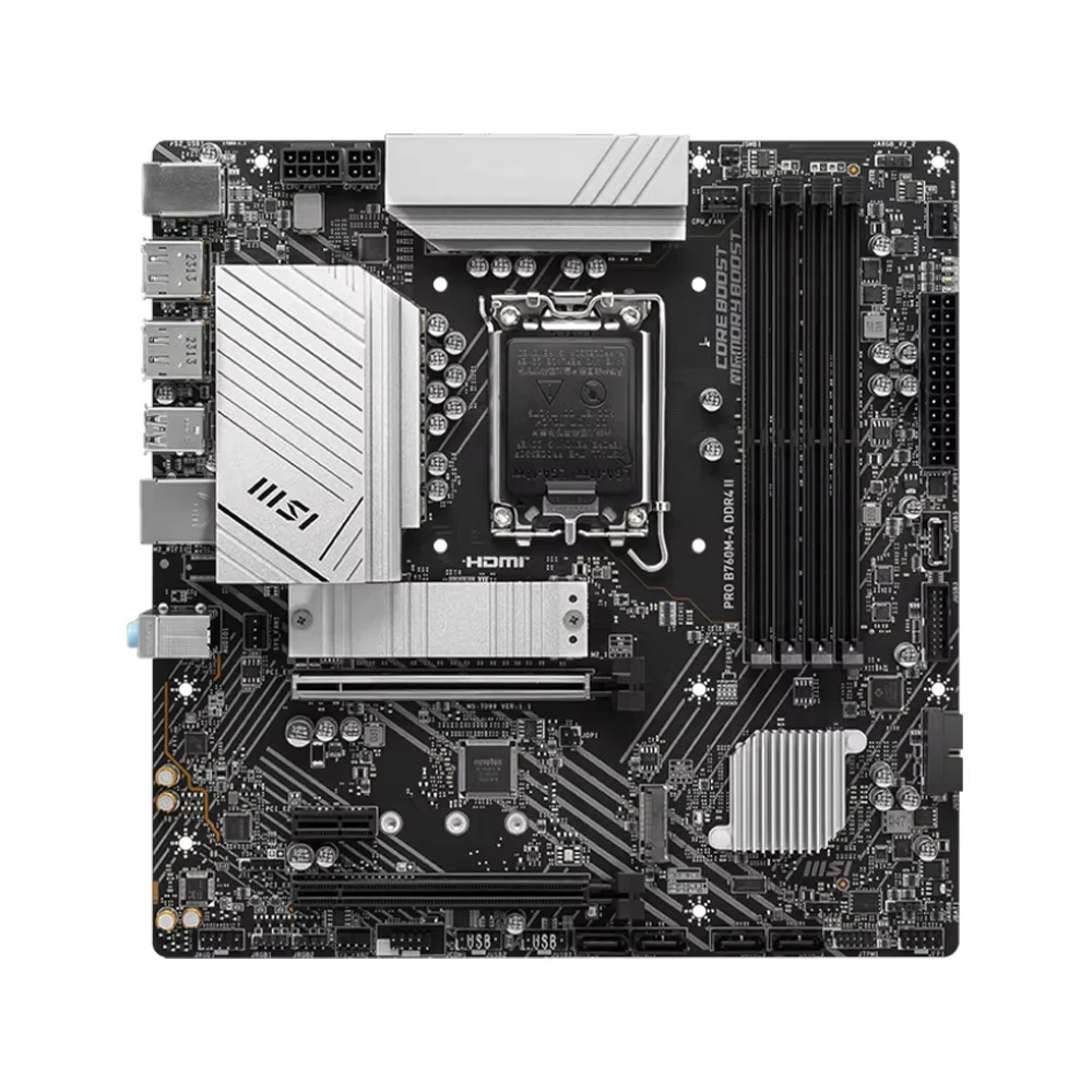 The professional B760M-A DDR4 II motherboard supports CPUs such as the i9-14900KF, i7-13790K, and i5-13600 (5333MHz CPU), DDR4 128GB, and LGA 1700.