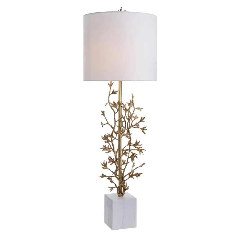 Designer Solid Brass Tree Branch Leaf White Marble Base Beige Drum Shade Restaurant Table Lamp