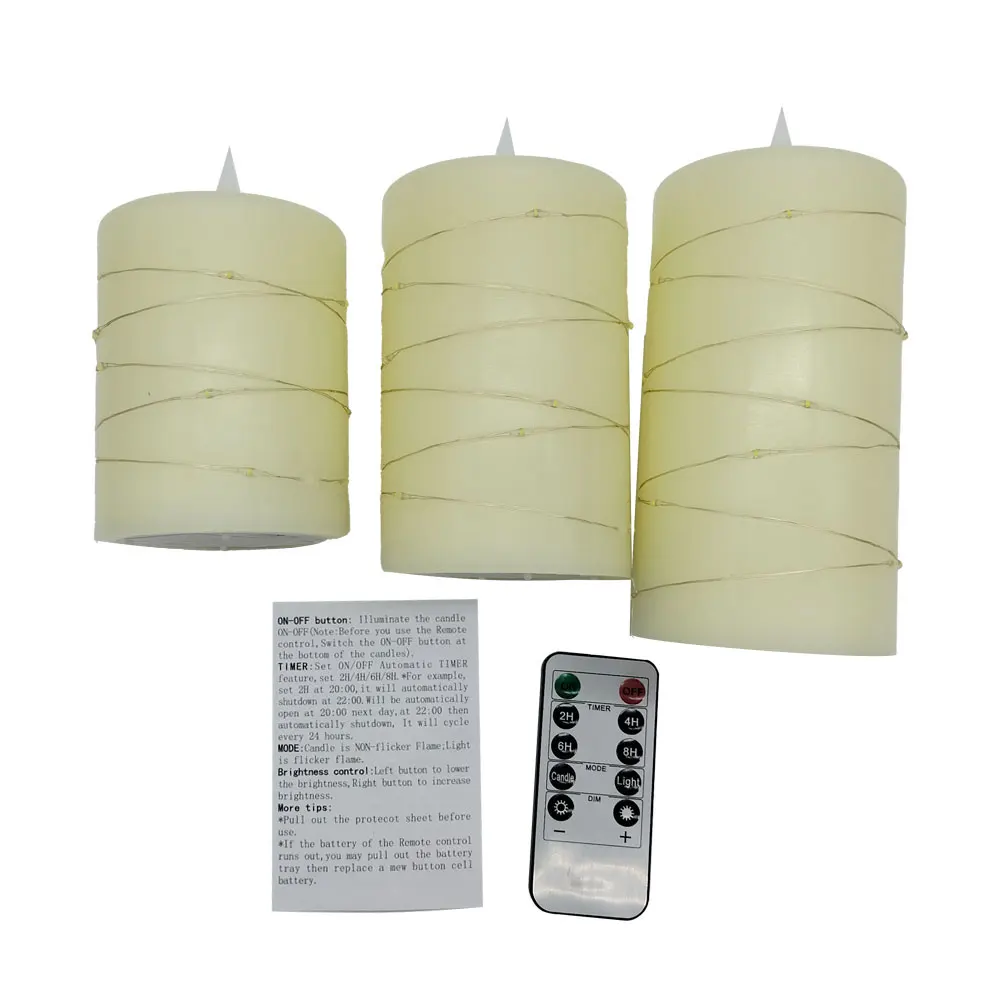 Bougies LED Ivoire Avec Guirlande Lumineuse - Lot De 3 Bougies Sans Flamme à Piles, Minuterie 24h, Effet Flamme Dansante