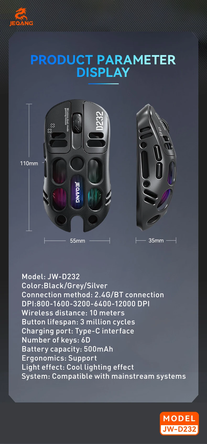 Jeqang JW-D232 RGB 2.4G BT Dual-Mode 6D Ergonomic Gaming Mouse Magnesium Alloy Hollow Design Optical Tracking Backlit