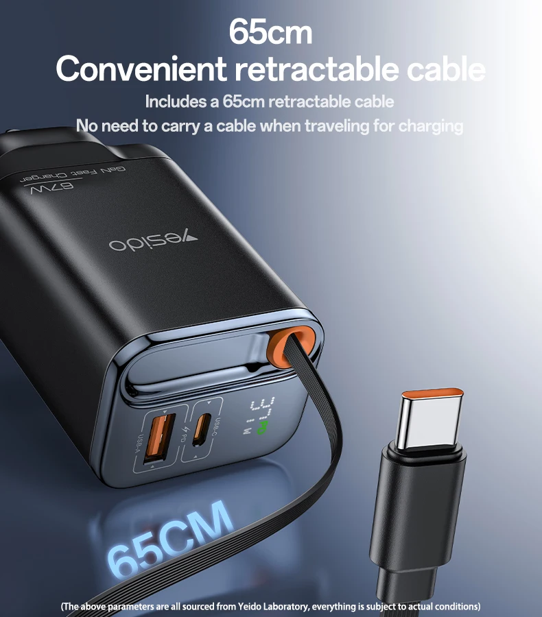 Yesido GaN 67W Fast Charging Three Ports Built-in 65CM Retractable Cable UK Plug Travel Charger YC146
