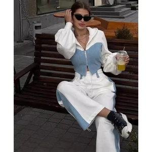 2025 Autumn Lady Fashion Tracksuit Women Slim Zipper Short Hooded Coats Lace up Wide Leg Pant Casual Contrast Hoodies Pants Sets