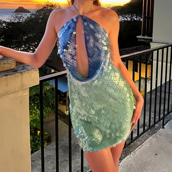 GOLDSTITCH Women's Summer Hollow Out Halter Dress - Sleeveless A-Line Beach Mini Dress