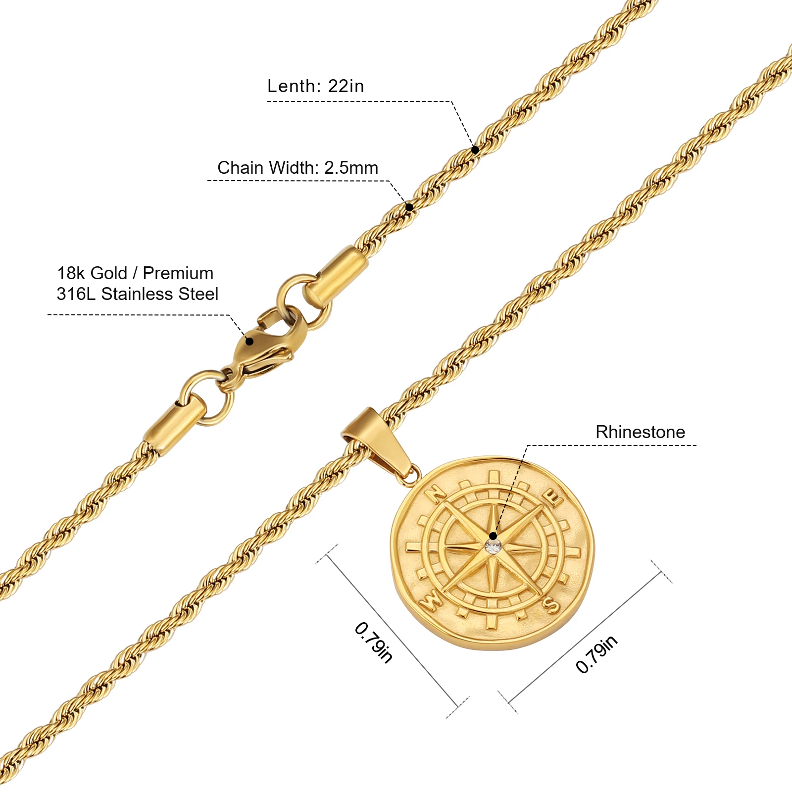 Hiphop Compass Lion Medusa Head Coin Necklace - 18K Gold Plated