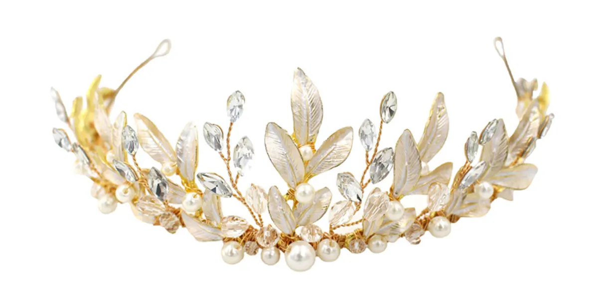 O398 Vintage Handmade Bridal Hair Hoop Alloy Leaves Crystal Pearl Bridesmaid Crown Women Gift