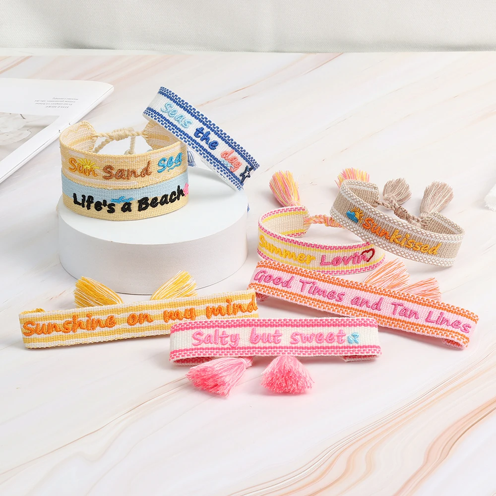 DIY Bohemian Friendship Party Handmade Custom Embroidery Letters Name  Tassel Branded Braided Rope Wrap Woven Bracelet for Women