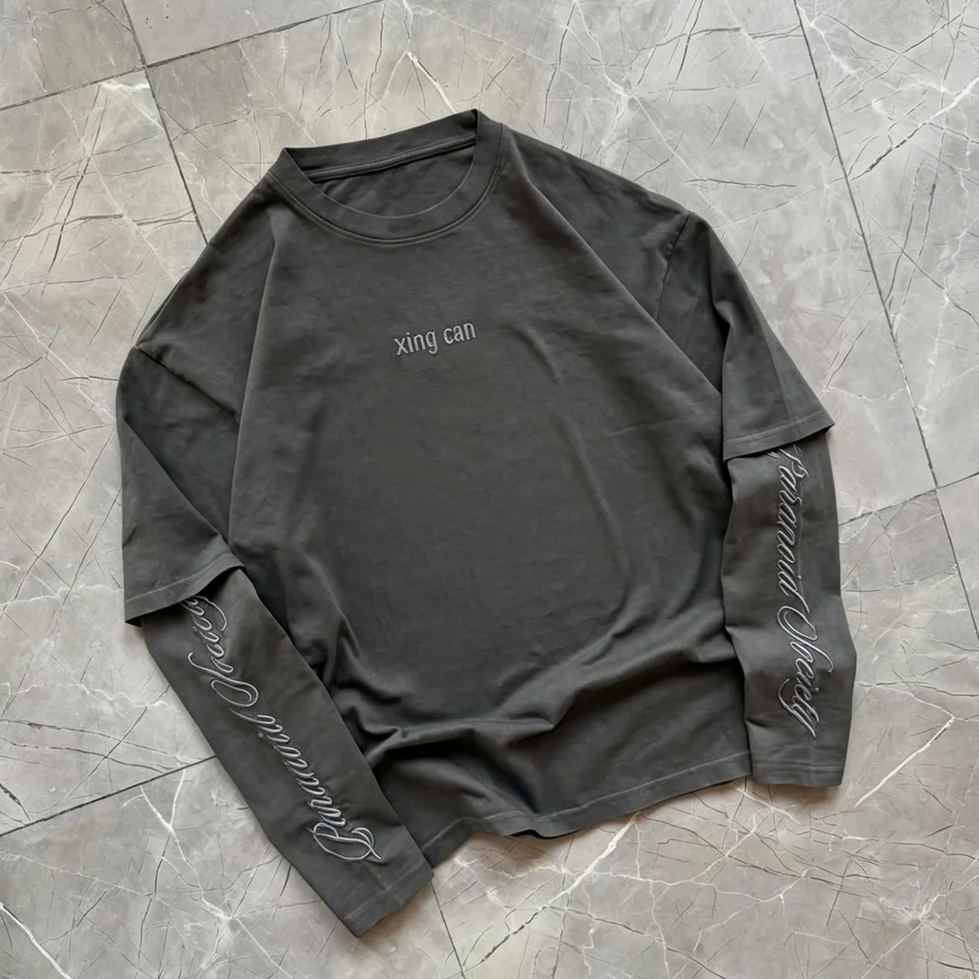 Přizpůsobitelná dlouhá košile z těžké bavlny se dvěma vrstvami pro muže, vintage praní, 3D vyšívání, volný streetwear model