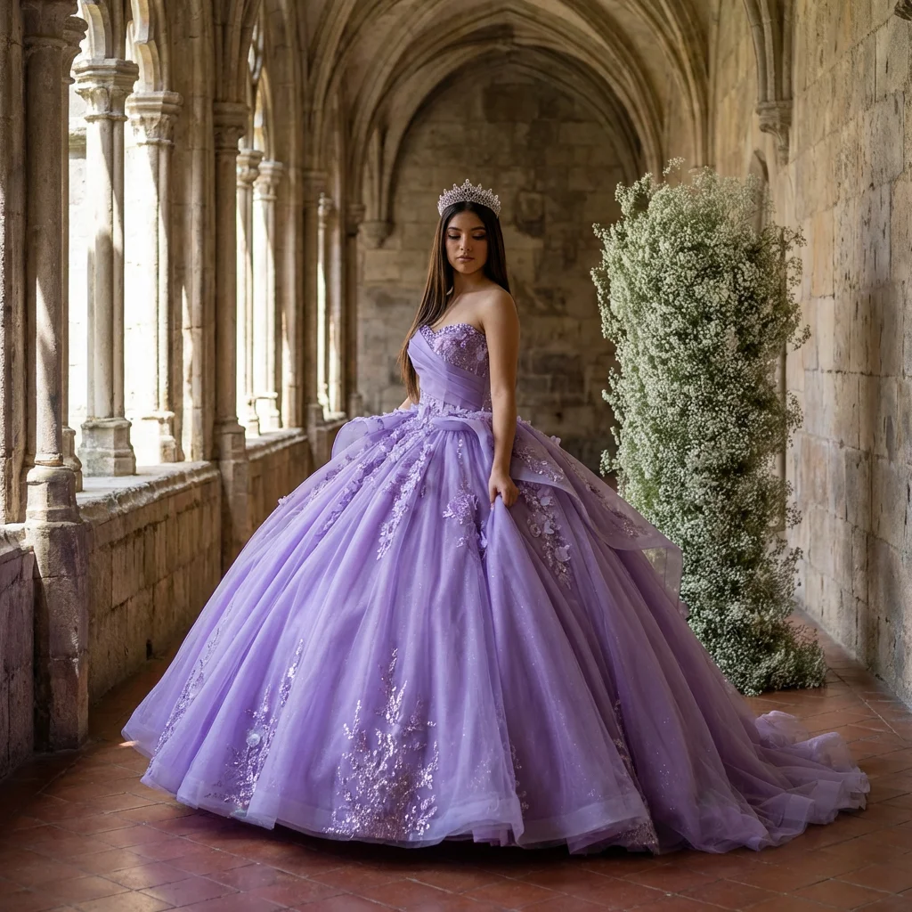 Quinceanera Ball Gown Birthday Dress Girls Party Dress Off Shoulder Lace  Princess Adult Ceremony Light Purple Lsmc60