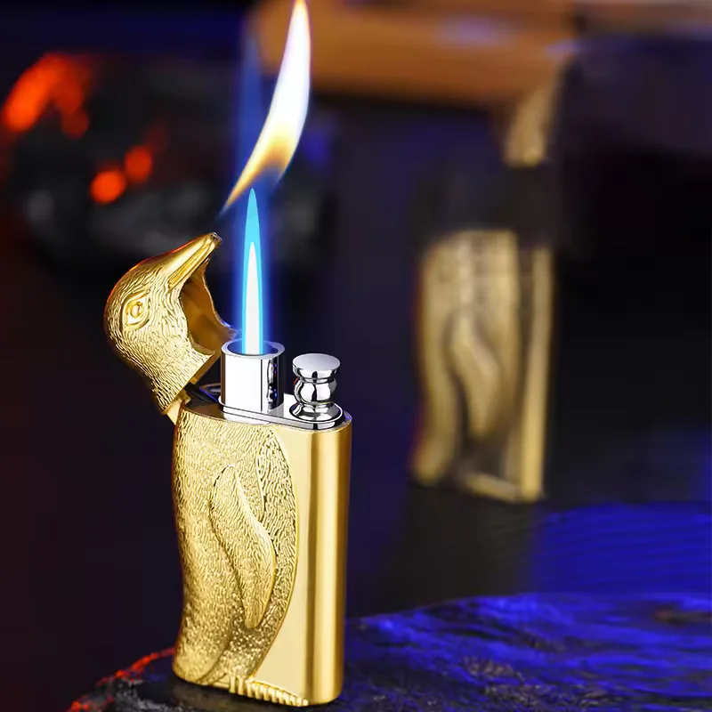 KY Trendy and Fashionable Creative Embossed Penguin Shaped Double Flame Gas Refillable Metal Lighter Custom