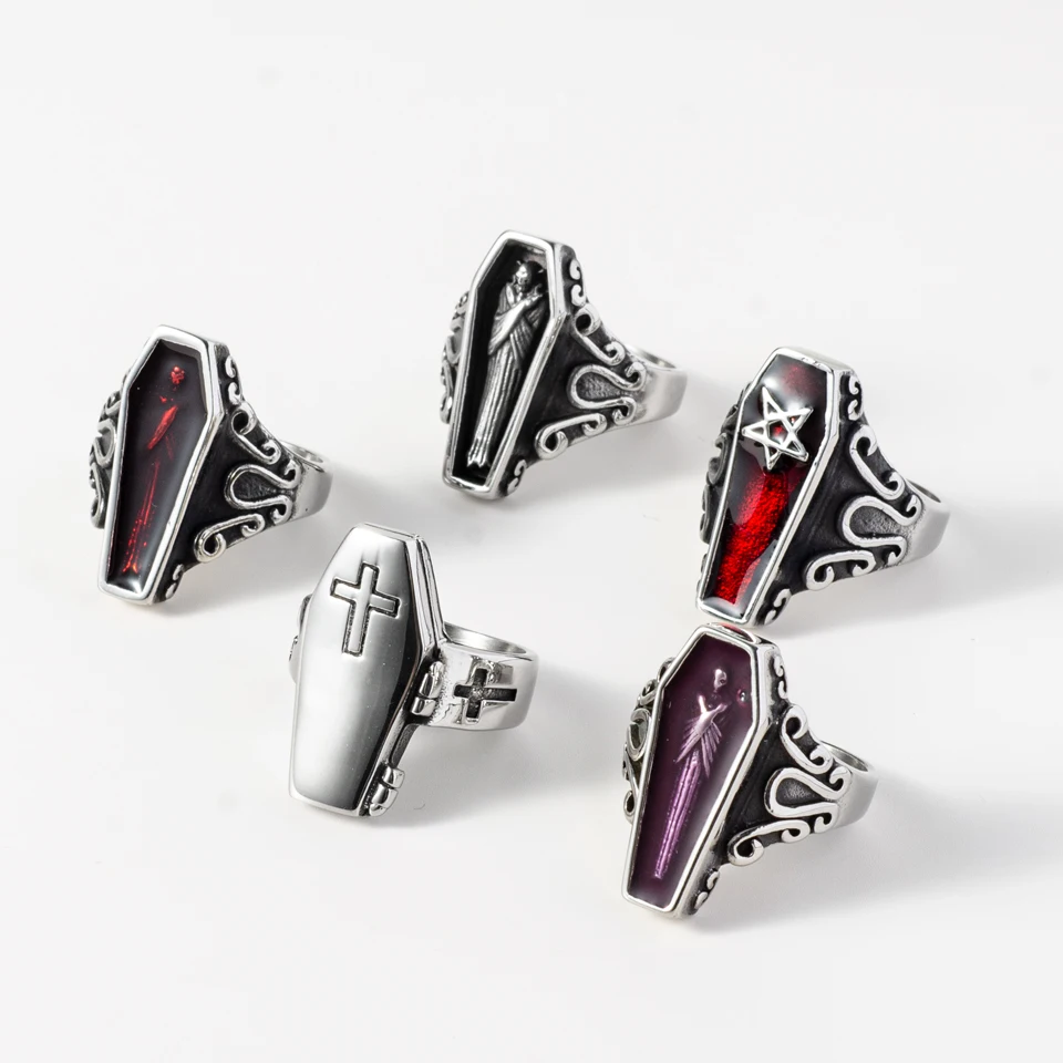 小物 subculture ring Wholesale Men's Stainless Steel Retro Punk Coffin Rings