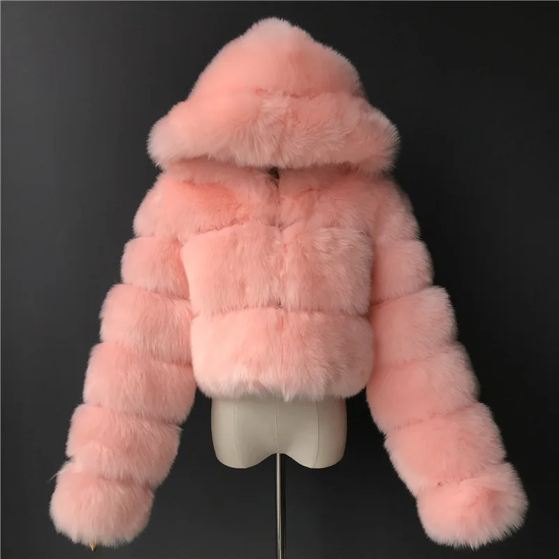 ジャケット・アウター Faux Fur Hoodie Duffle Coat nude petal S Fox Fur Coat for Women Short Fur Jacket Warm Coat Faux Fur