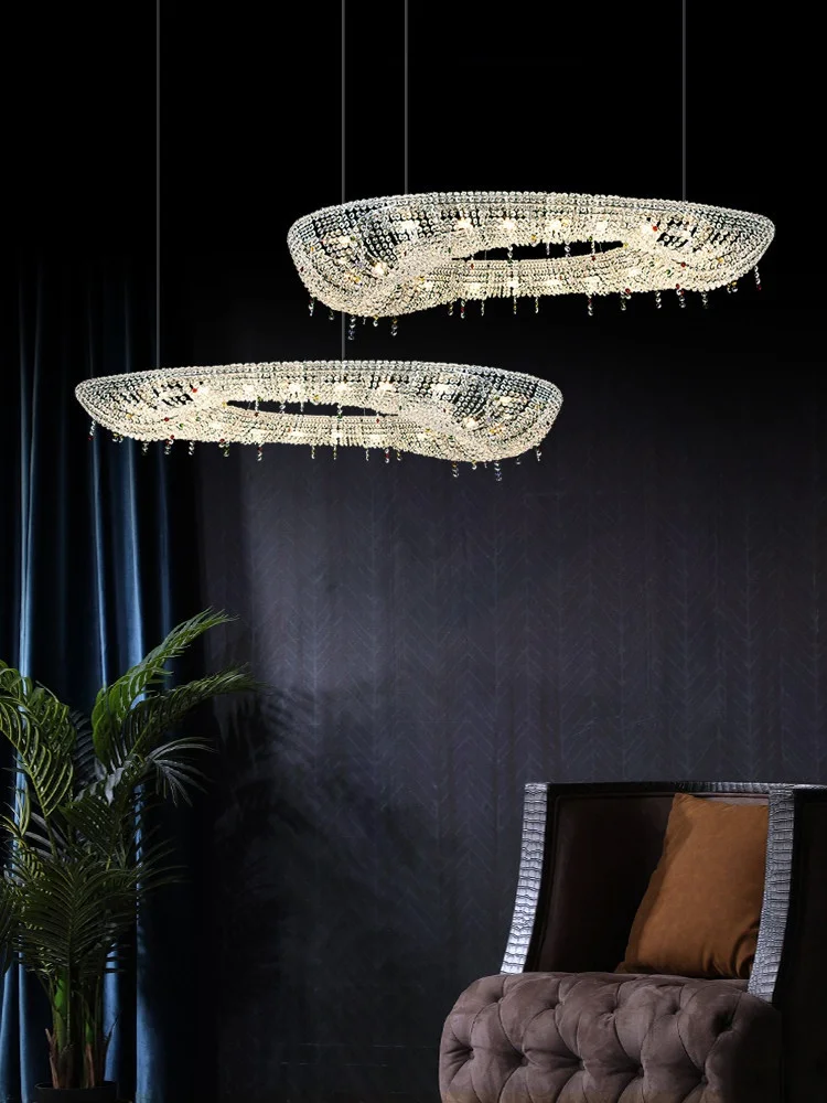 Candelabro Italiano no Estilo Duplex com Cristais Egípcios, Estrutura em Aço Inoxidável com Acabamento Prateado, Iluminação LED – Para Sala de Estar e Sala de Jantar de Luxo