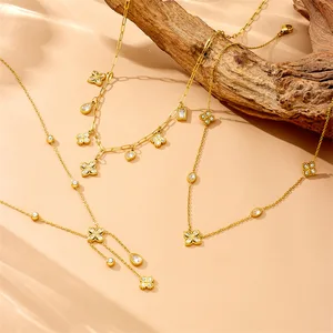 MW Women's French Vintage Fashion 18K Gold-Plated Stainless Steel Necklace with Diamond-Inlaid Rhombus Four-Petal Flower Pendant