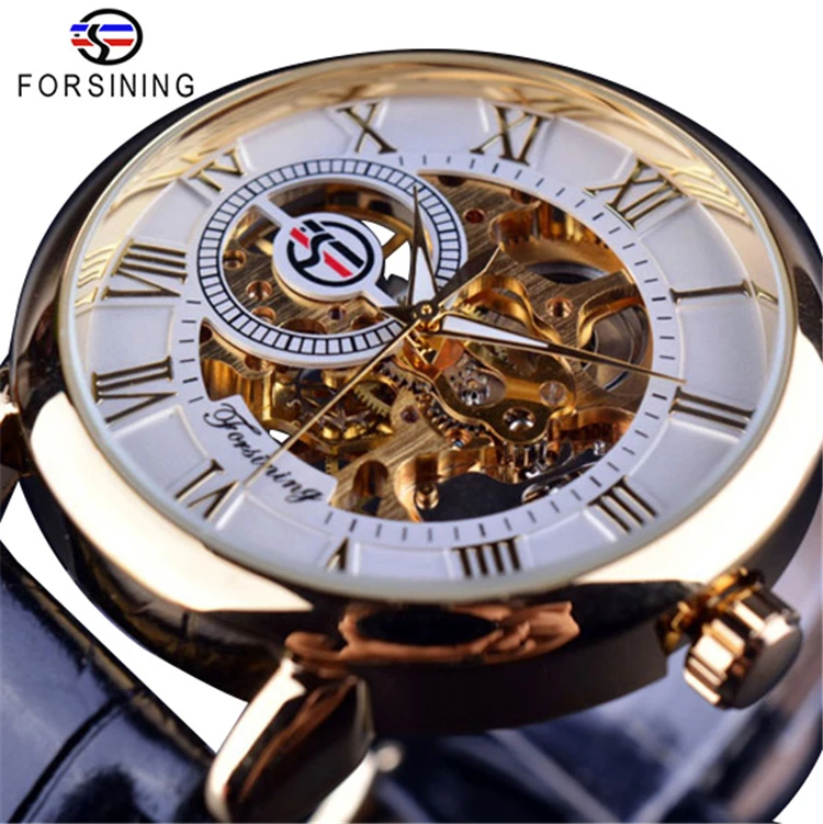 Forsining 3d logo design hollow engraving black gold case best sale leather skeleton mechanical watches men luxury brand heren horloge