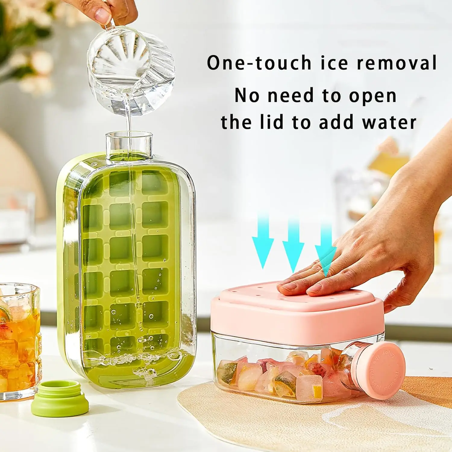 Summer 2 in 1 Ice Cube Water Bottle Easy Release Ice Mold for Freezer 500ml 800ml Touch-Free Ice Cube Tray with Lid and Bin